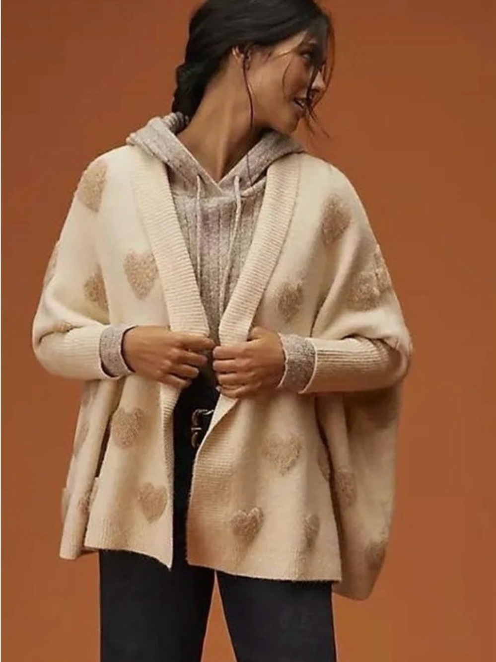Anthropologie Cream Heart-Pattern Open Front Cardigan